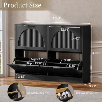 Fluted Shoe Storage Cabinet for Entryway, 4 Flip Drawers, Black