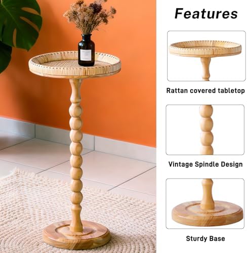 Small Side Table, Rattan Drink Table, Round Side Table for Small Spaces, Boho Circle End Table Coffee Table with Solid Wood Leg for Living Room, Pedestal Table for Bedroom, Corners