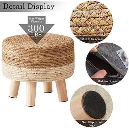 Cpintltr Foot Stool Natural Seagrass Hand Weave Poufs Round Ottoman for Couch Desk Soft Step Stool Padded Foot Rest with Non-Skid Pine Legs for Hallway Office Lounge Natural/White