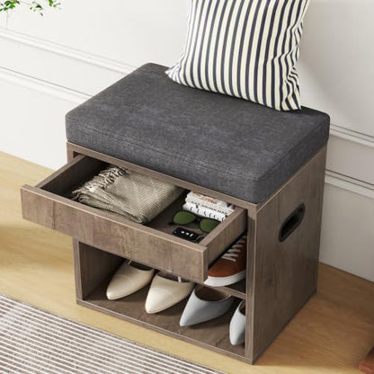 Small Shoe Storage Bench with Cushion and Drawer, Silver Gray
