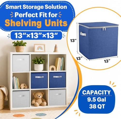Toy Storage Organizer with Play Mat for Kids – 13" x 13" x 13" Storage Box, Stackable and Foldable Cubby Baskets for Playroom, Nursery Bins for Boys and Girls (Noble Blue)