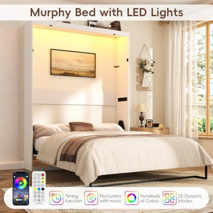 Squireewo Queen Size Murphy Bed with LED Light, Space-Saving Wall Bed Frame with Gas Struts, Bed Cabinet for Guestroom, Office, Bedroom, No Box Spring Needed, White