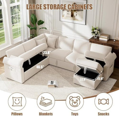 L Sleeper Sofa 109" Modular Sectional Sofa with Pull Out Bed, Beige
