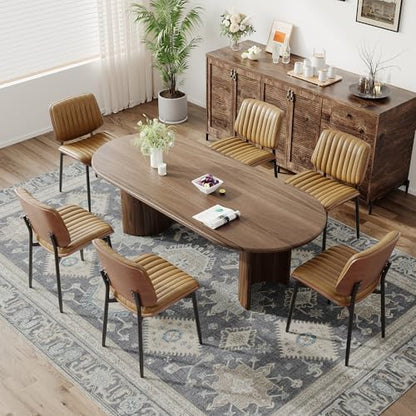 MALOL Leather Dining Chairs Set of 6, Modern Upholstered Dining Room Kitchen Chairs with Metal Legs and Wooden Back Support for Home Dining Room/Restaurant, Light Brown