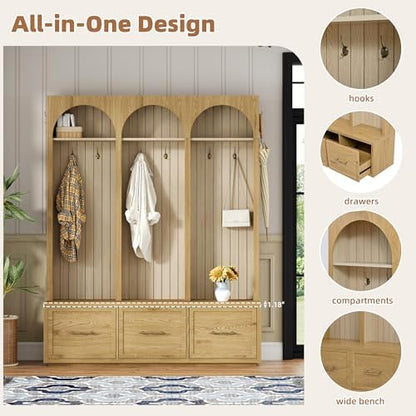 Merax Farmhouse Wood Hall Tree with Shoe Bench and 3 Drawers, Natural
