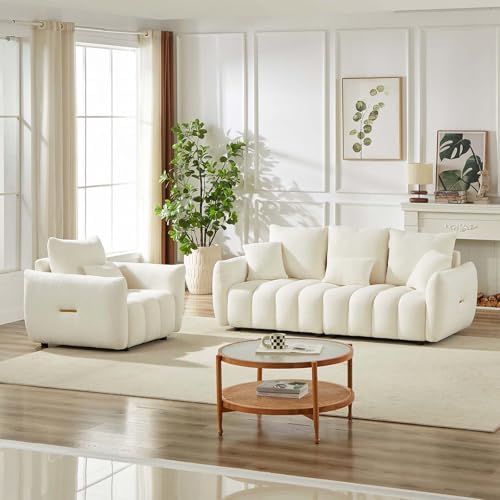 Antetek 35" Modern Accent Single Sofa Chair, Comfy Deep Seat Teddy Fabric Living Room Chair, Leisure Boucle Reading Sofa Arm Chair for Bedroom, Office, Apartment, Beige