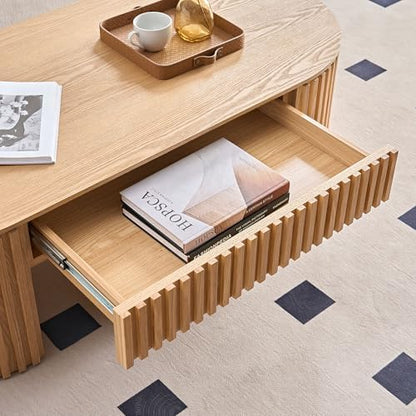 51.18'' Oval Coffee Table for Living Room Fluted Center Table with Drawer, Mid Century Modern Coffee Tables, Easy Assembly for Office Storage Tea Table Oak