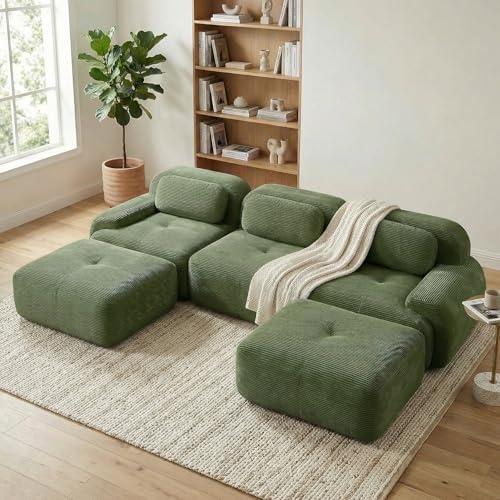 117" Corduroy Modern Sectional Couch, Boneless Couch, Compact sofa, Green