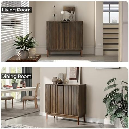 Fluted Buffet Cabinet with Storage, Small Accent Cabinet, Brown