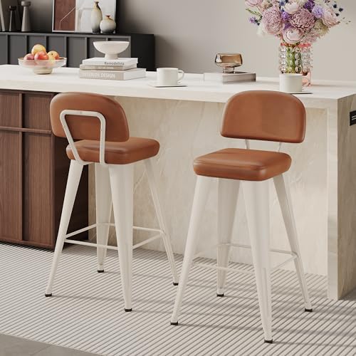 Aklaus PU Leather Metal Bar Stools 24 inch Faux Leather Counter Height Barstools Set of 2 Modern Farmhouse Bar Chairs with High Backs and Faux Leather Seat for Kitchen Island Dining Room White Brown
