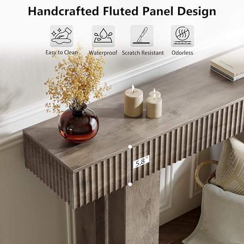 63-Inch Long Entryway Console Table with a Fluted Design, Thick Wood Farmhouse Sofa Table Behind Couch, Narrow Hallway Accent Table for Living Room, Foyer, Entrance,Grey