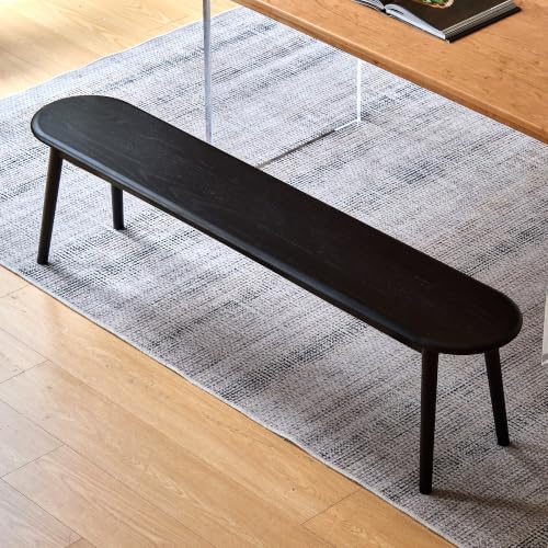 Modern Farmhouse Dining Bench with 100% Solid Oak Wood Bench Frame, Bed End Bench Ottoman for Kitchen Living Room Bedroom Entryway (Black, 55.1'')