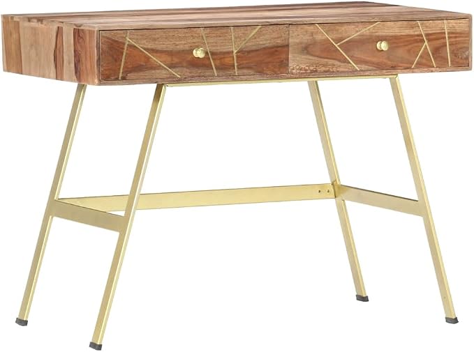 vidaXL Writing Desk, Computer Desk with Storage Drawers, Console Table with Steel Legs for Living Room Hallway, Modern Style, Solid Acacia Wood