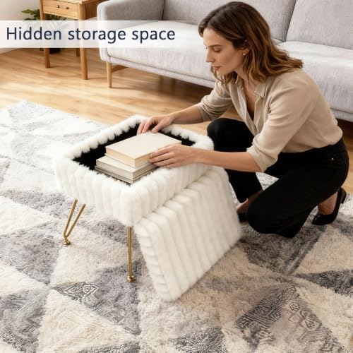 Vanity Stool Chair with Storage, Faux Fur Soft Padded Ottoman with Coffee Table, Modern Vanity Chair Fluffy Footstool with Metal Legs for Makeup, Living Room, Bedroom White