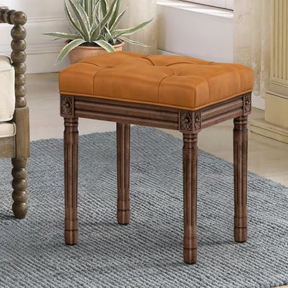LUE BONA Upholstered Fabric Vanity Bench Seat, Makeup Stools for Vanity, Square Tufted Ottoman Bench with Carved Dark Brown Color Legs for Bedroom Living Room, Whiskey Brown