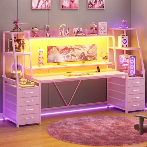 SEDETA 79'' Gaming Desk with LED Lights,8 Drawers and Storage Shelves, Pink