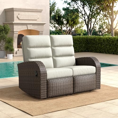 Outdoor Recliner Chair 2-Seat, All-Weather Wicker Reclining Patio Chair with Adjustable Backrest and Footrest