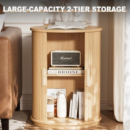 Side Table with Storage for Living Room, Round End Table with Sliding Tambour Door, Wood Night Stand Nightstand Bedside Table for Bedroom, Small Round Side Table, Mid Century Modern, Light Oak