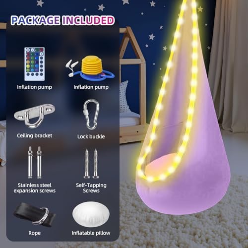 Light Up Kids Pod Swing, Cotton Hammock w/LED, Indoor Outdoor Light Purple