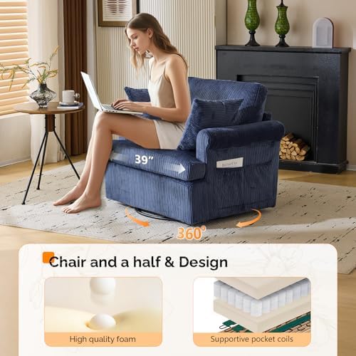 VINGL 39.2" Wide 360° Swivel Accent Armchairs with Pillows Set of 2, Oversized Single Sofas, Chair and a Half with Side Pockets and Wide armrest for Living Room, Bedroom, Reading Room, Corduroy Blue