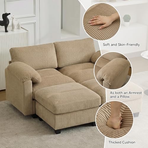 Modular Sectional Sofa, 61'' Corduroy Deep Seat Couch with 2 Ottoman, Camel