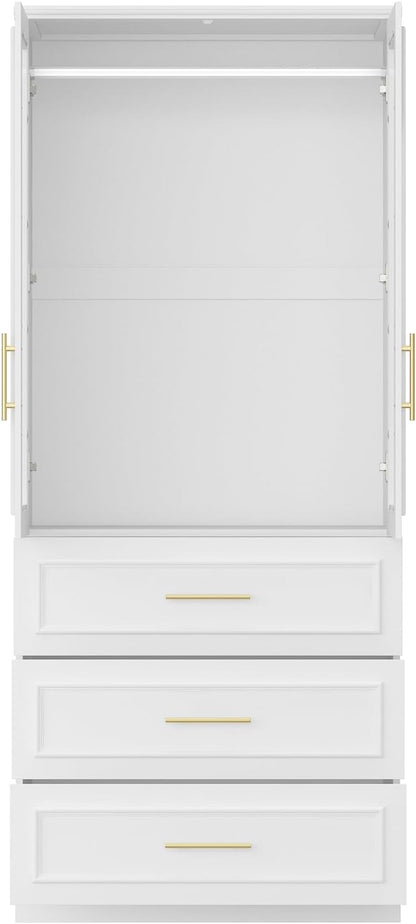 Timechee Almirah for Clothes, 74.8" Tall Bedroom Closet Storage Cabinet with Tempered Glass Doors and Shelves, Hanging Rod, White Standing Wardrobe Armoire Clothes Closet with Drawers for Bedroom