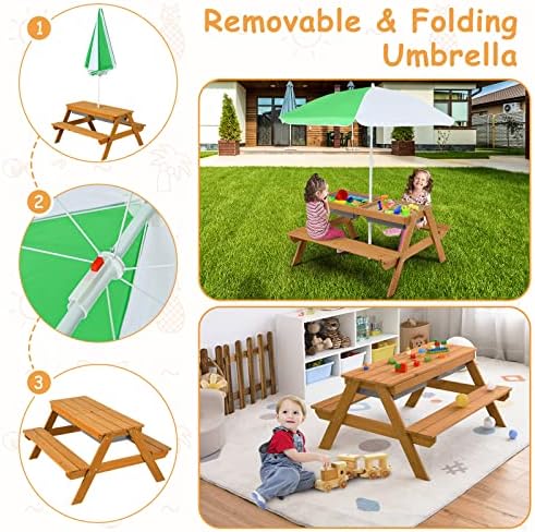 HONEY JOY Kids Picnic Table, 4 in 1 Cedar Wooden Sand & Water Table w/ 2 Removable Box & Umbrella, Kids Picnic Tables for Outdoors Backyard Garden, Toddler Patio Furniture Set for Boys Girls(Natural)