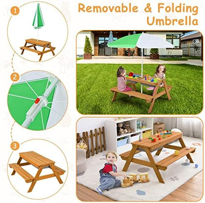 HONEY JOY Kids Picnic Table, 4 in 1 Cedar Wooden Sand & Water Table w/ 2 Removable Box & Umbrella, Kids Picnic Tables for Outdoors Backyard Garden, Toddler Patio Furniture Set for Boys Girls(Natural)