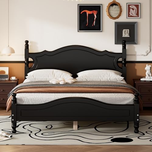 Merax Retro Queen Platform Bed with Headboard, Wood Bed Frame No Box Spring Needed/Easy Assemble, Black