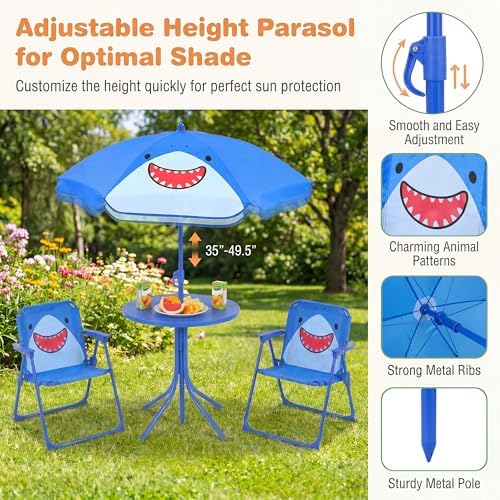 HONEY JOY Kids Picnic Table, Animal Themed Toddler Outdoor Table and Chair Set, 2 Folding Chairs & Removable Umbrella, Children Outdoor Furniture for Backyard Patio Garden (Navy Shark)