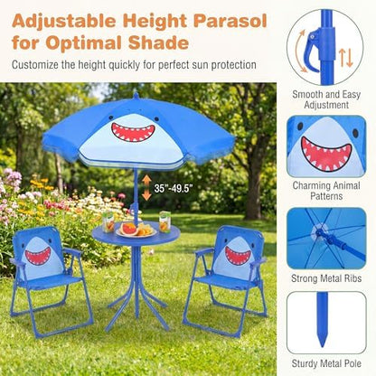 HONEY JOY Kids Picnic Table, Animal Themed Toddler Outdoor Table and Chair Set, 2 Folding Chairs & Removable Umbrella, Children Outdoor Furniture for Backyard Patio Garden (Navy Shark)