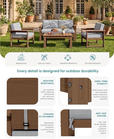 SERWALL HDPE Outdoor Loveseat with Cushion, Outdoor Sectional Furniture Set