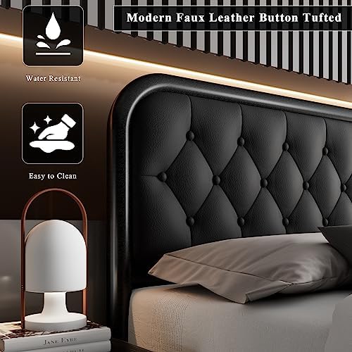 Feonase King Size Bed Frame, Upholstered Bed Frame with Faux Leather Headboard, Heavy Duty Platform Bed with Strong Metal Slats, 12 Inch Under-Bed Storage, Noise-Free, Easy Assembly, Black