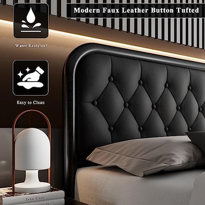 Feonase King Size Bed Frame, Upholstered Bed Frame with Faux Leather Headboard, Heavy Duty Platform Bed with Strong Metal Slats, 12 Inch Under-Bed Storage, Noise-Free, Easy Assembly, Black