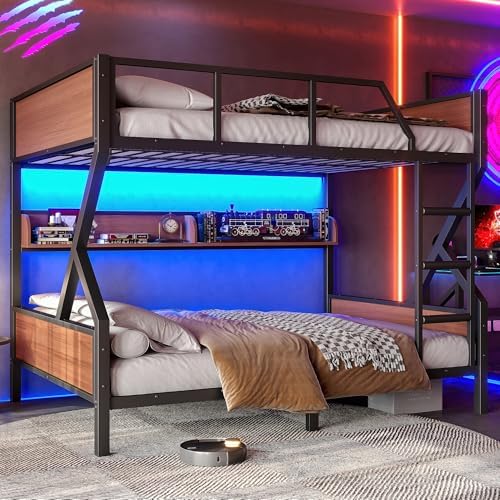 Full Over Full Bunk Bed with Storage Shelves, Black Twin Metal Bunk Bed Frame for Kids Teenagers Adults, Space Saving Design for Bedroom, Dorm & Apartment