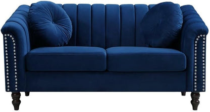 60" Loveseat Sofa, Microfiber Chesterfield Upholstered Sofas Love Seat, Couch Chair Sets with Style Button Tufted, Scroll Arms and Nailhead for Living Room, Office, Blue