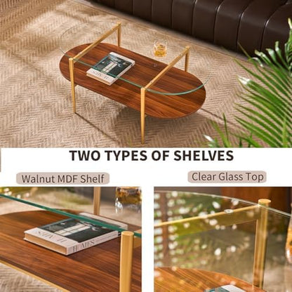 AGV LIGHTING Oval Rectangle Coffee Table 42 Inch 2 Tier, Mid-Century Modern Coffee Table, Clear Glass Top with Walnut MDF Shelf and Glod Metal Legs, Capsule Shape Coffee Table for Living Room