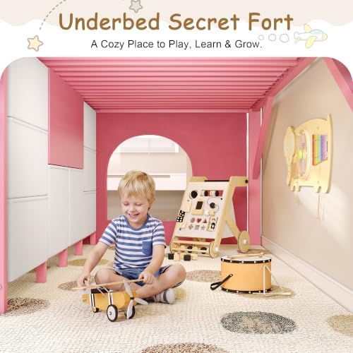 Feonase Low Loft Bed Twin Size with 8 Storage Drawers, Twin Loft Bed with Bookcase, Metal Kids Loft Bed with 13" H Safety Guardrail, Under-Bed Play Space and Play Curtain for Kids, Pink