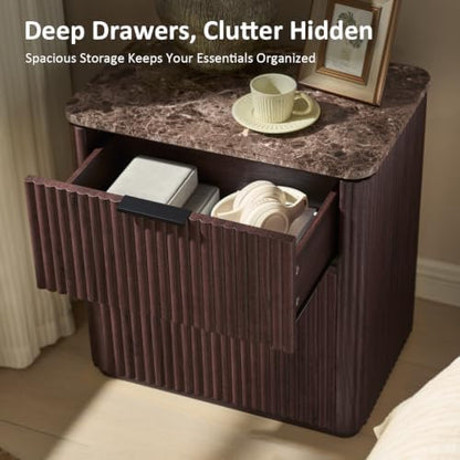 Curved Fluted Nightstand Set of 2, Faux Marble Top, Dark Oak