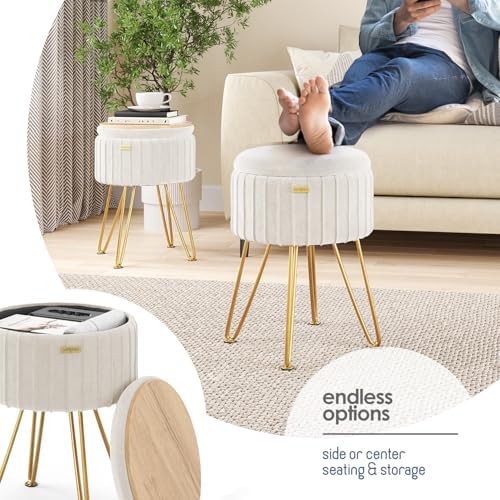 Round Ottoman with Storage, Pleated Velvet Storage Ottoman, Foot Stool Ottomans, Makeup Vanity Stool, Small Ottomans Foot Rest, Modern Vanity Stools for Living Room and Bedroom, Cream