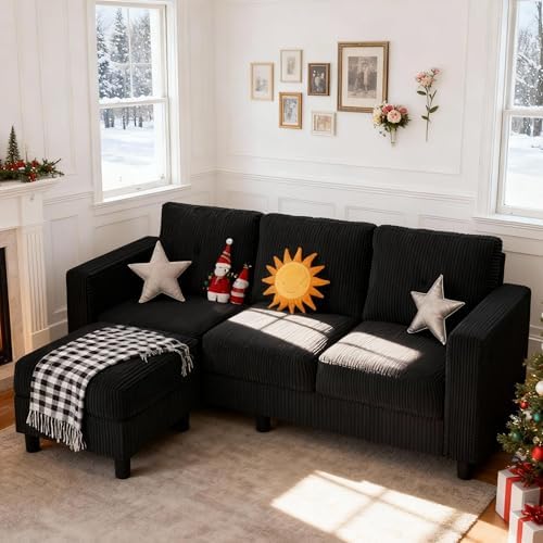 Convertible Sectional Couch Sofa for Small Spaces, L Shaped Modular Sofa with Removable Ottoman Storage, 3 Seat Modern Small Couches for Living Room in Apartment, Jet Black