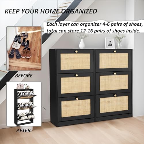 Finnhomy 3 Tier Shoe Cabinet with Natural Rattan Flip Drawers for Entryway, Free Standing Slim Shoe Storage Organizer with Large Top Board, Shoe Cabinet with Adjustable Width Drawers, Black