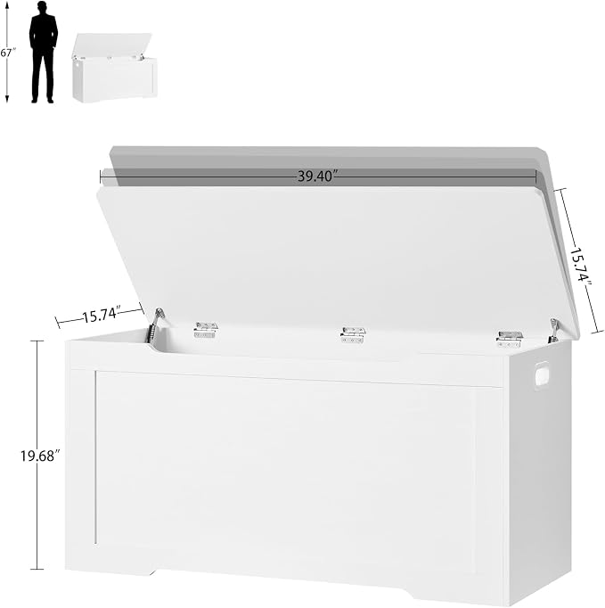 usikey 39.4” Toy Chest, Toy Box for Living Room, Storage Chest with 2 Safety Hinges, Lift Top Storage Bench, Storage Trunk, for Bedroom, Entryway, White