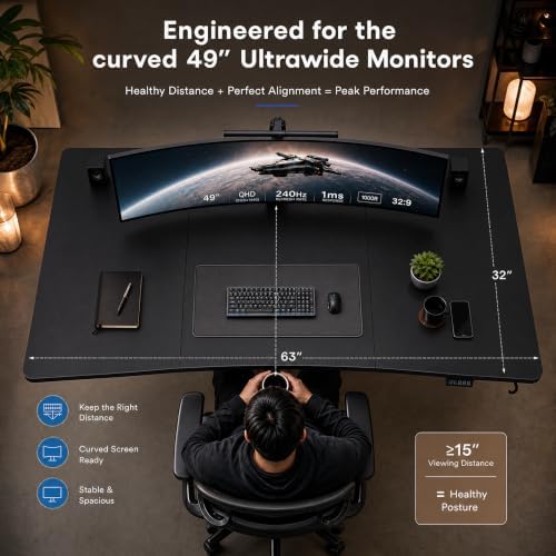 Grandder 63x32 Electric Standing Desk, Curved Black Desktop