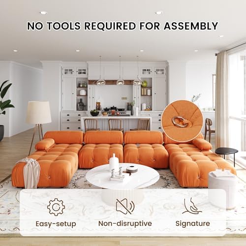 Modern Velvet Sectional Sofa, U Shape Minimalist Modular 6-Seater Couch with 2-Ottomans for Living Room Office Apartment (138in/Orange)
