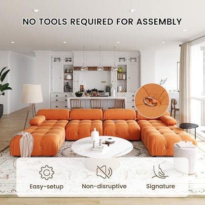 Modern Velvet Sectional Sofa, U Shape Minimalist Modular 6-Seater Couch with 2-Ottomans for Living Room Office Apartment (138in/Orange)