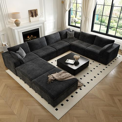 157.5" Cloud Couch Oversized Modular Sectional Sofa for Living Room,Modern Sofa with Deep Seat，8 Seater Boneless Couch with 2 Ottoman,Comfy Upholstered Couches for Apartment, Studio, Office,Black