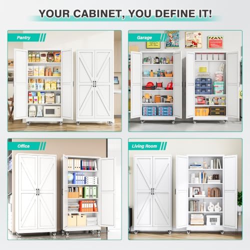 SISESOL 71" Tall Metal Storage Cabinet with Wheels,Rolling Garage Storage Cabinet,White Metal Cabinets with Wheels and Shelves, Deep Heavy Duty Tool Cabinet for Garage,Home,Office,Shop