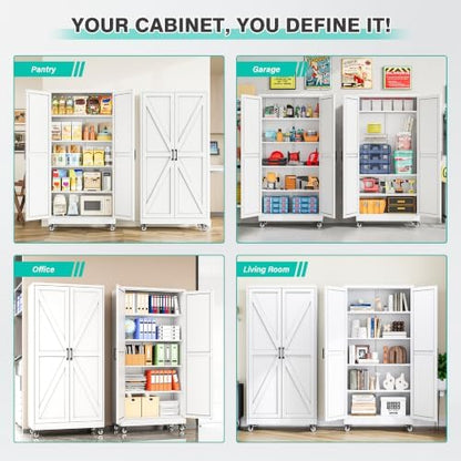 SISESOL 71" Tall Metal Storage Cabinet with Wheels,Rolling Garage Storage Cabinet,White Metal Cabinets with Wheels and Shelves, Deep Heavy Duty Tool Cabinet for Garage,Home,Office,Shop
