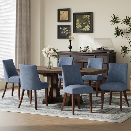 COLAMY Upholstered Dining Chairs Set of 6, Mid Century Modern Kitchen Chairs with Back, Farmhouse Fabric Side Dining Room Chairs with Wood Legs for Dining Room Restaurant, Blue